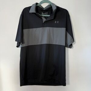 Under Armour Mens XL Golf Polo Shirt Black Gray Heatgear Loose Fit Short Sleeve